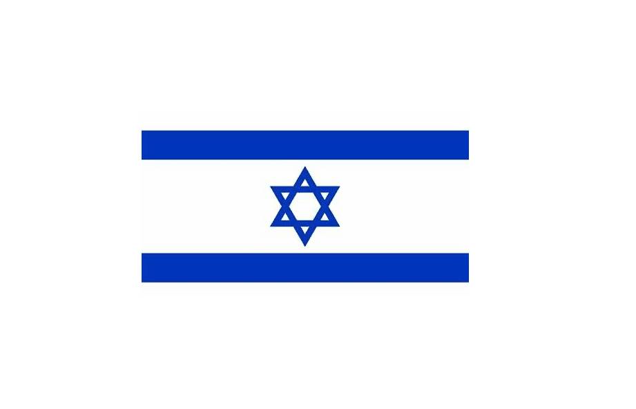A blue and white flag with an image of the star of david.